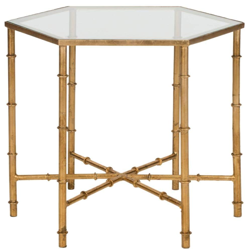 Gold Faux Bamboo Metal and Glass Accent Table