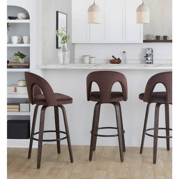 Ava Upholstered 30 in. Fixed-Height Barstool with Espresso Velvet Bent Wood Legs & Black Round Footrest (Set of 2) LYW