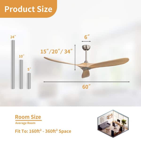 60 in. Indoor Downrod Mount Oak Solid Wood Blades Standard Ceiling Fan with Remote 6-Speed, DC Motor Reversible