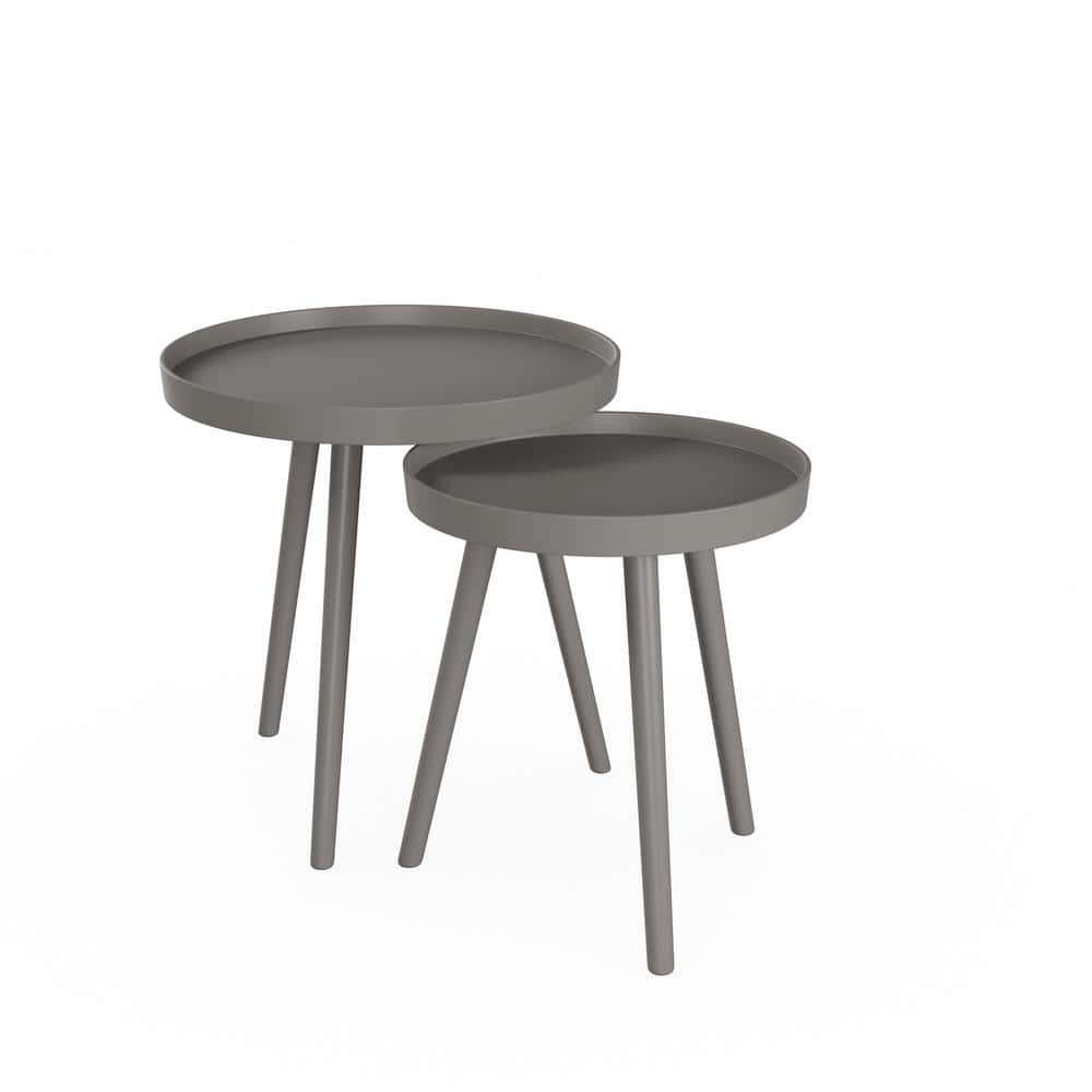Gray Round Wood Nesting End Tables with Tray Tops, Set of 2