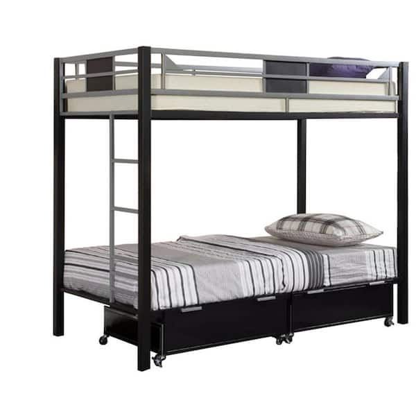 Benjara Silver and Black Twin Adjustable Bunk Bed with Metal Frame