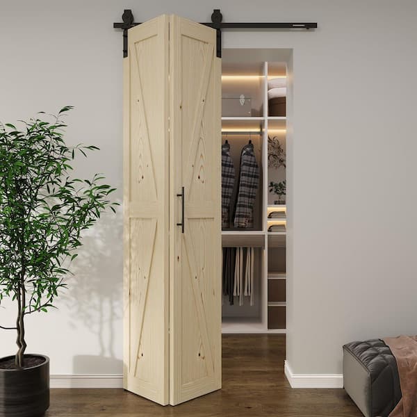 36 in. x 84 in. Solid Core Brown Finished Pine Wood Bi-fold Door with Hardware Track Kit