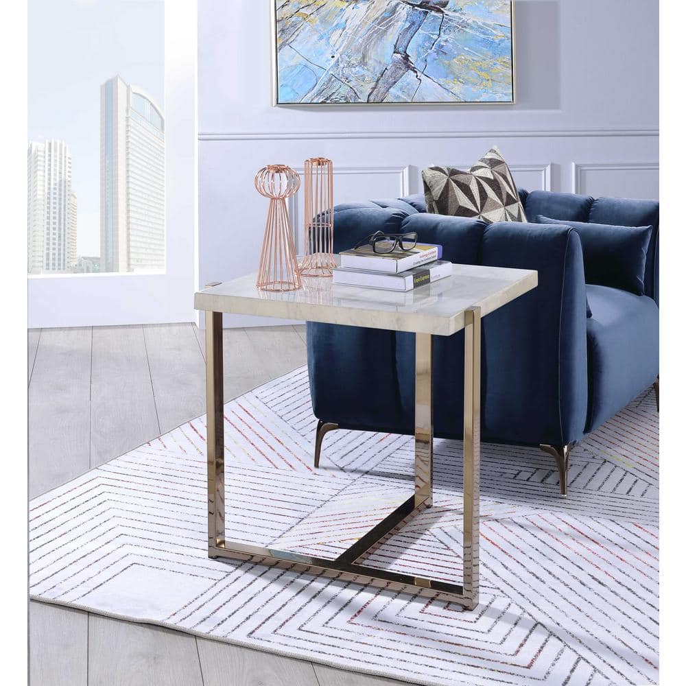 Champagne Gold & White Faux Marble Rectangular End Table