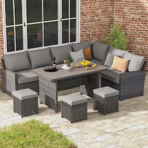 7-Pieces Gray Wicker Patio Furniture Set with Gray Cushions