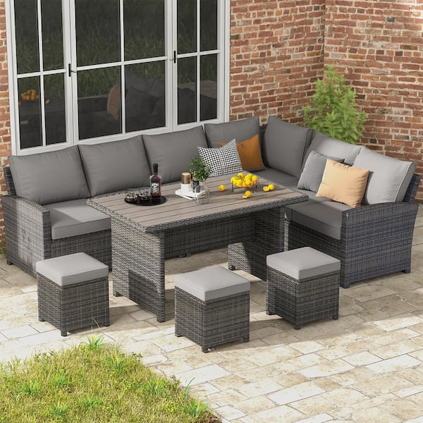 AECOJOY 7-Pieces Gray Wicker Patio Furniture Set with Gray Cushions