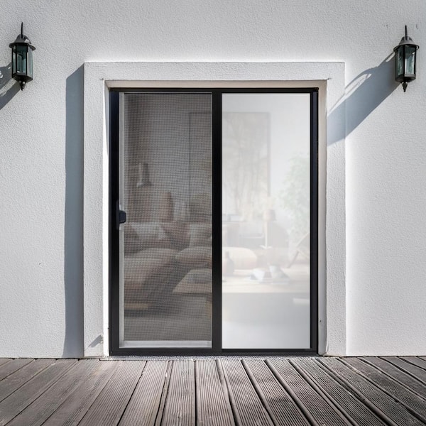 96 in. x 80 in. Black/White Reversible Vinyl Sliding Patio Door with Low-E Glass, Handle Set and Screen