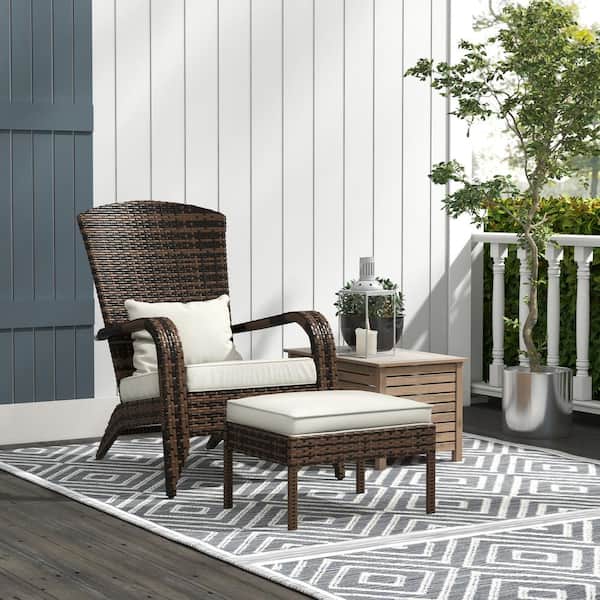 Unbranded Patio Wicker Adirondack Chair, Outdoor Fire Pit Chair with Cream White Cushions and Ottoman for Deck, Garden, Backyard