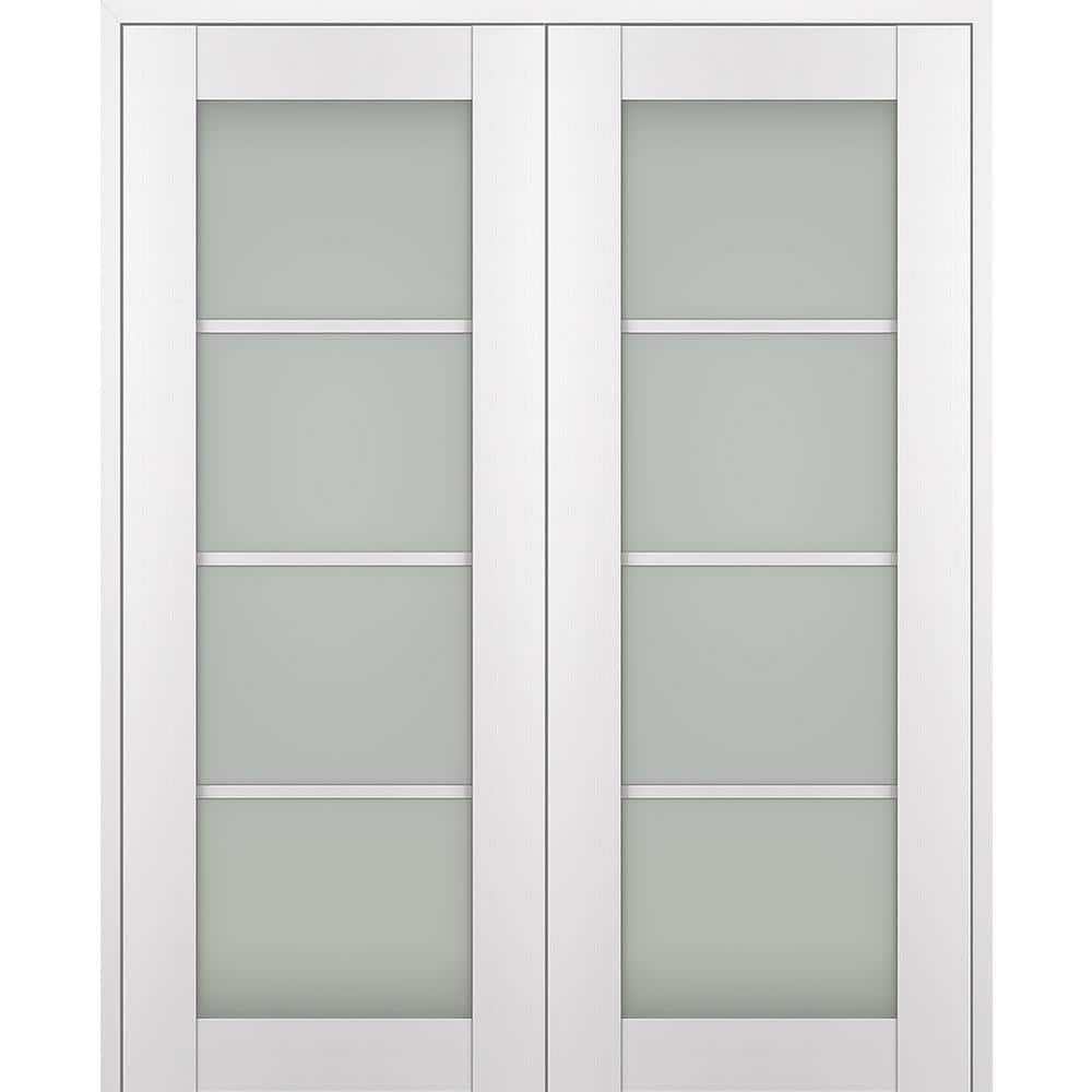 White Frosted Glass Paneled Pine Composite French Door