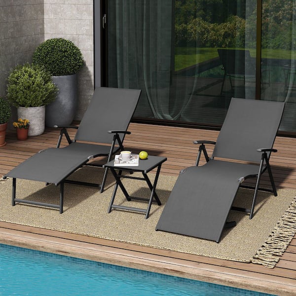 3-Piece Adjustable Aluminum Outdoor Chaise Lounge in Gray with Side Table