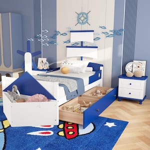 Blue Twin Size Unique Boat-Shaped Platform Bed Kids Bed with 2 Drawers