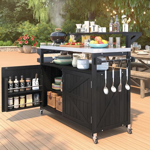 Runesay Farmhouse Black Steel 53.3 in. Kitchen Island Outdoor Patio Rolling Cart with Internal Rack and Adjustable Shelf
