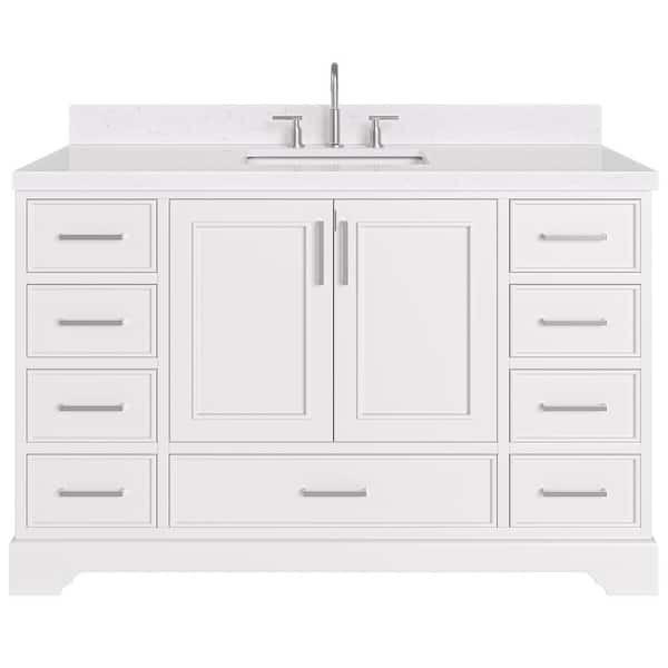 Stafford 54 in. W x 22 in. D x 36 in. H Single Sink Freestanding Bath Vanity in White with Carrara White Quartz Top