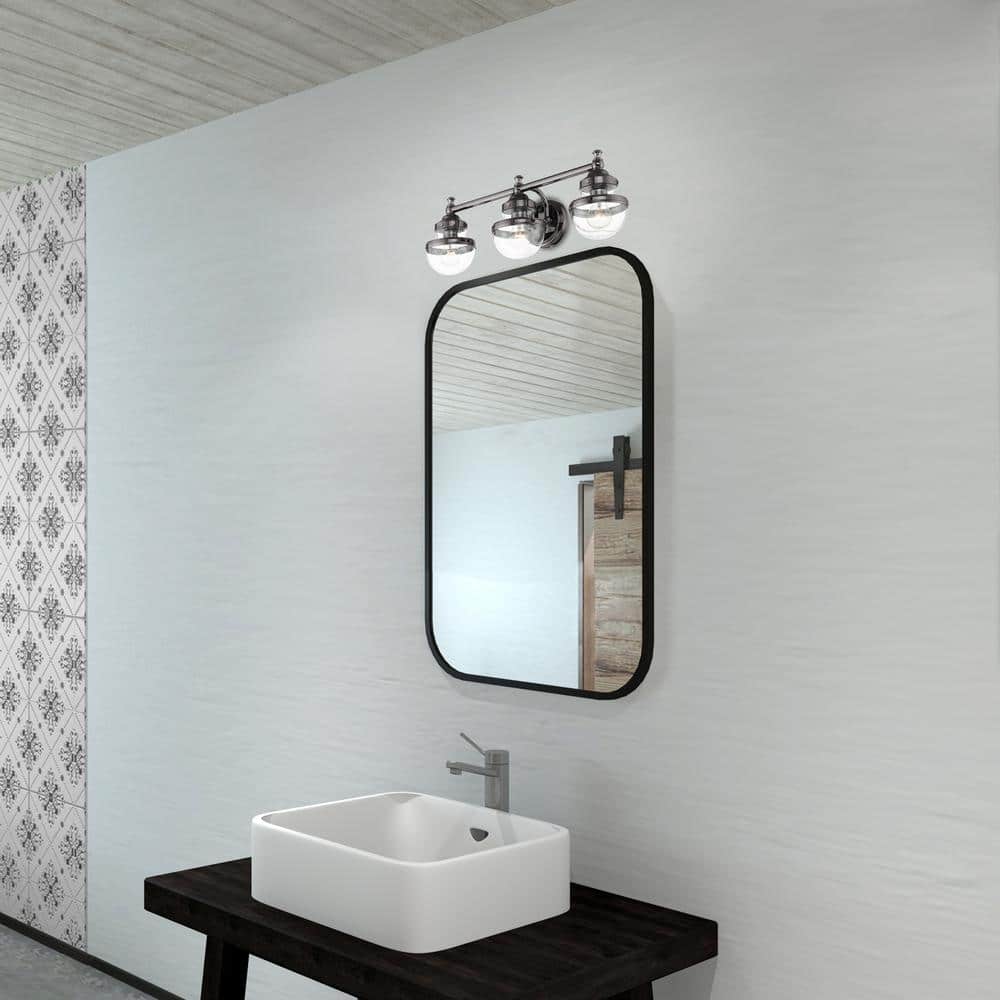 Polished Black Chrome 3-Light Vanity with Hand Blown Clear Glass