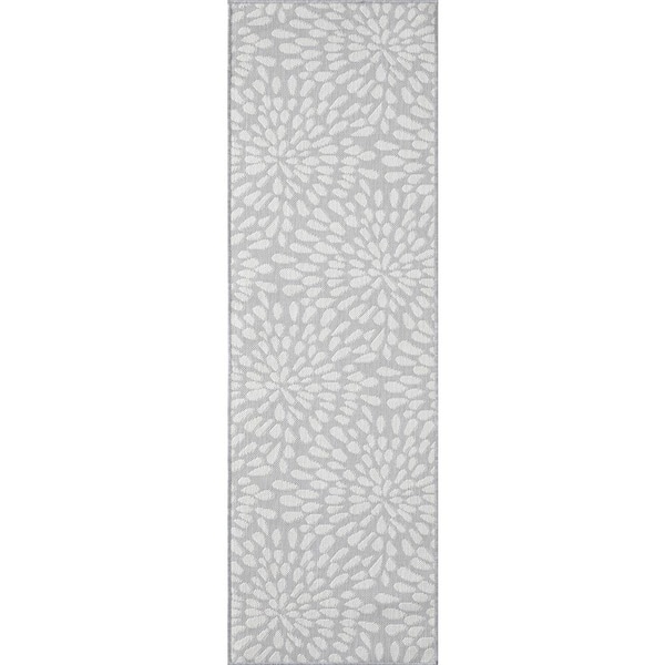Tayse Rugs Eco Floral Gray 2 ft. x 8 ft. Indoor/Outdoor Runner Rug