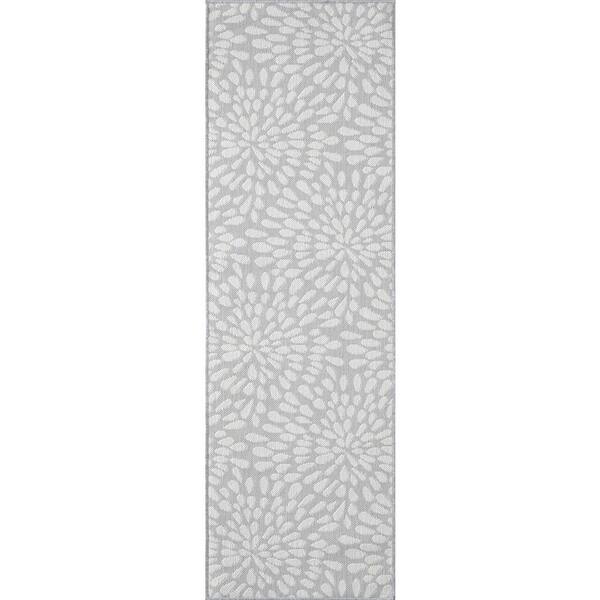 Tayse Rugs Eco Floral Gray 3 ft. x 10 ft. Indoor/Outdoor Runner Rug
