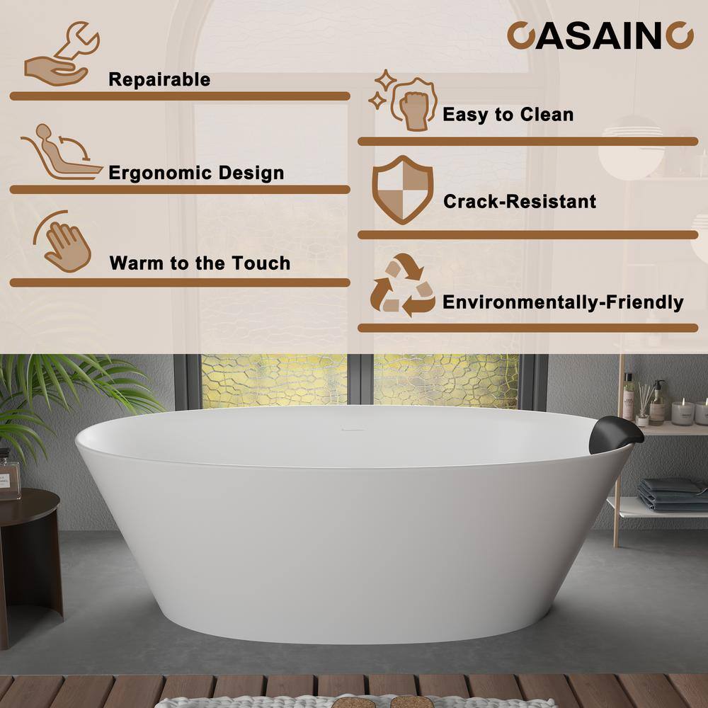67" Matte White Freestanding Solid Surface Resin Bathtub with Black Pillow