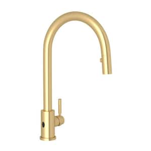 Holborn Single Handle Pull Down Sprayer Kitchen Faucet with Secure Docking, Gooseneck in Satin English Gold