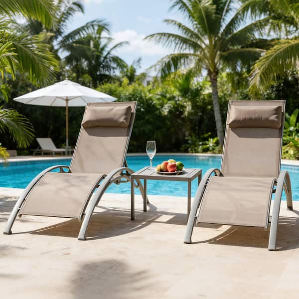 3-Piece Khaki Metal Outdoor Lounge Chair and Table