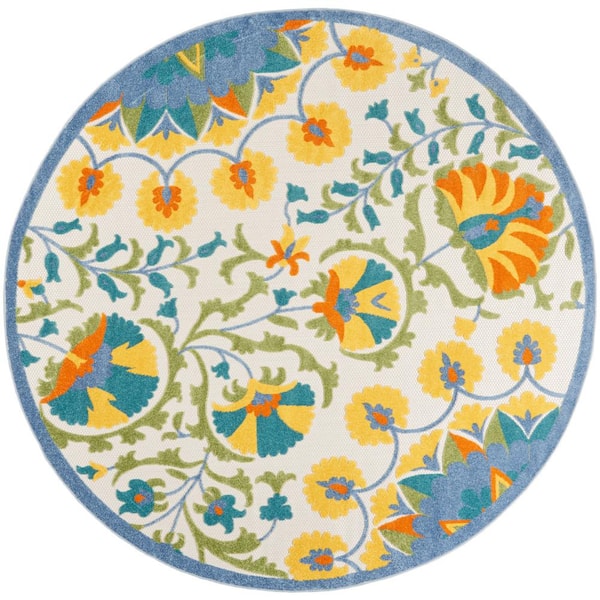 Nourison Aloha Multicolor 8 ft. x 8 ft. Round Floral Contemporary Indoor/Outdoor Patio Area Rug