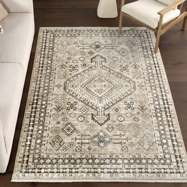 Vanesa Transitional Medallion Fringe Area Rug Light Brown 8' 10" ft. x 13' ft. Area Rug