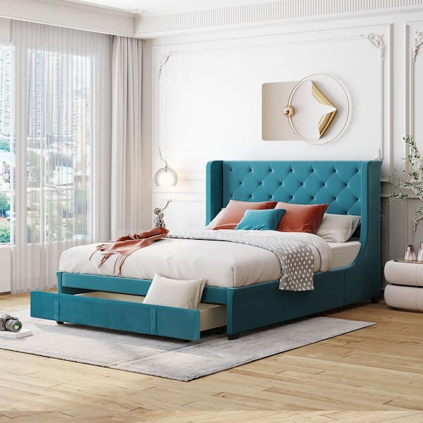 Harper & Bright Designs Blue Wood Frame Queen Storage Bed Velvet Upholstered Platform Bed with Wingback Headboard and Drawer