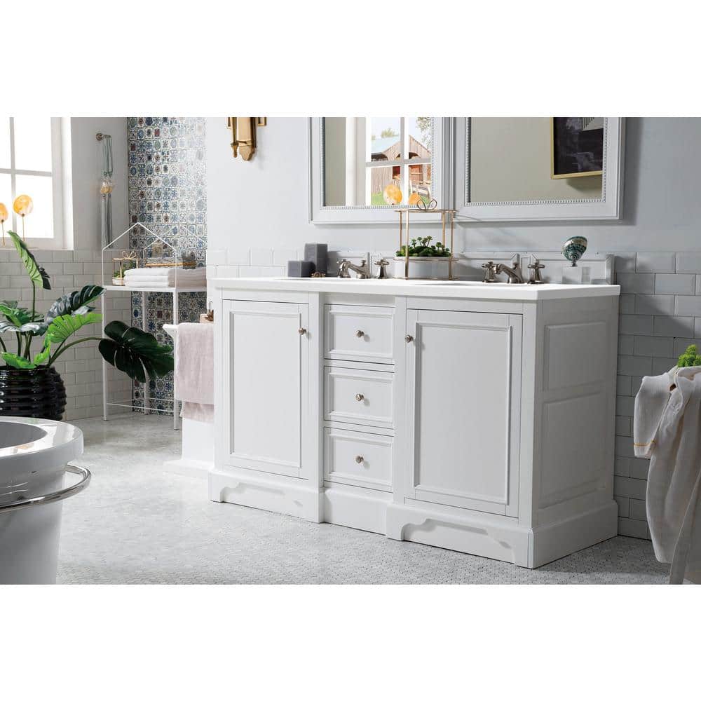 White Solid Wood Double Sink Freestanding Vanity with Quartz Top
