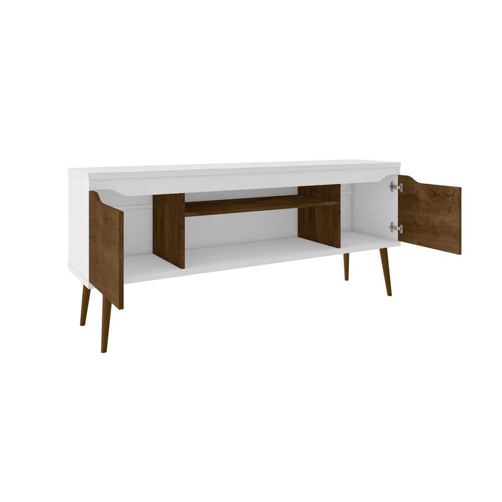 Bradley 63'' Glossy White and Rustic Brown Wood TV Stand with Cabinet