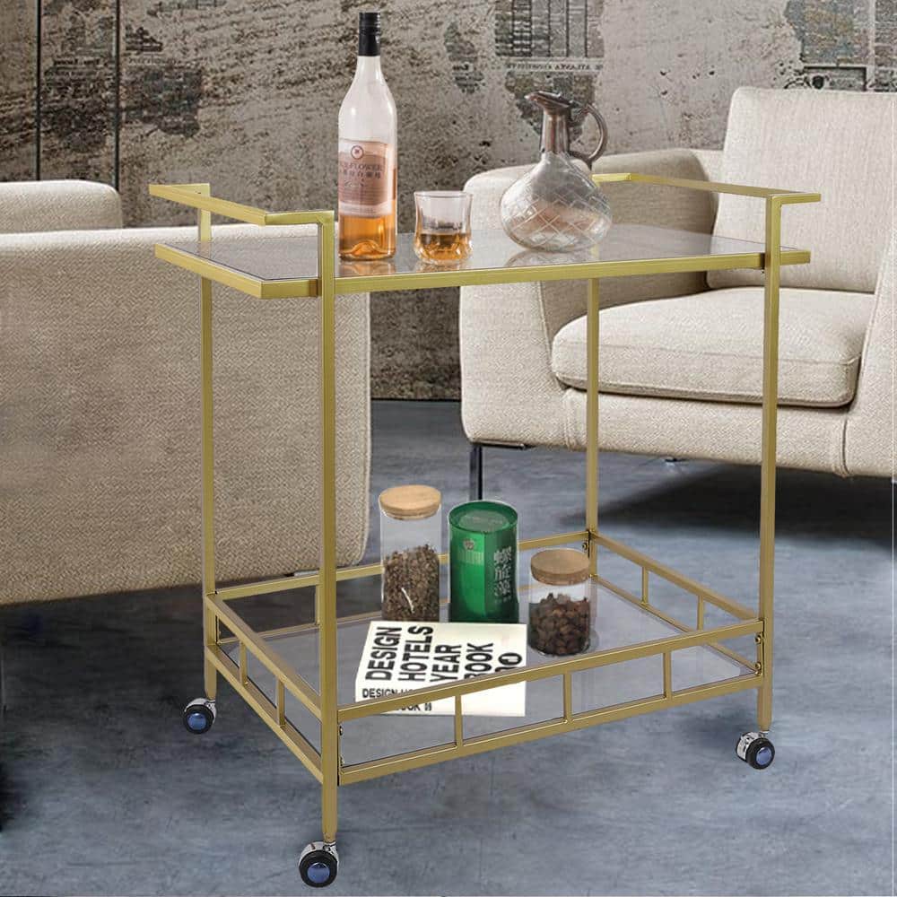 Dusky Gold Rolling Bar Cart with Mirrored Glass Shelves