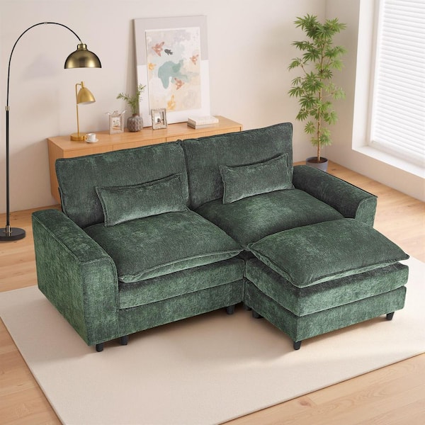 Comfy 85 in. Square Arm 2-Seat Chenille Sectional Sofa Loveseat Couch with Flexible Ottoman and Pillow in Green
