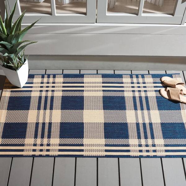 Courtyard Navy/Beige 3 ft. x 3 ft. Plaid Indoor/Outdoor Square Area Rug