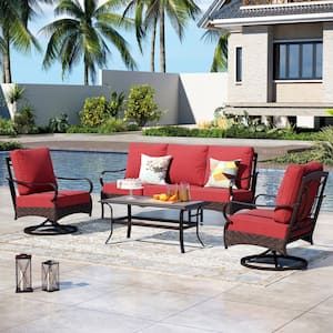 Brown Rattan 4-Piece 5 Seat Steel Outdoor Patio Conversation Set with Red Cushions, Swivel Sofas and Wood-Grain Table