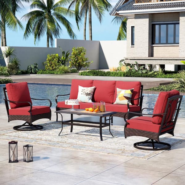 PHI VILLA Brown Rattan 4-Piece 5 Seat Steel Outdoor Patio Conversation Set with Red Cushions, Swivel Sofas and Wood-Grain Table