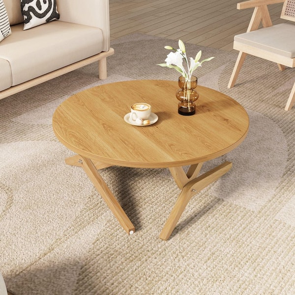 Polibi 34.5 in. Natural Round Rubber Wood Coffee Table with