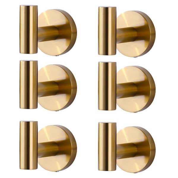 Wall Mounted Bathroom Round J-Hook Robe/Towel Hook in Stainless Steel Brushed Gold (6 Pack)
