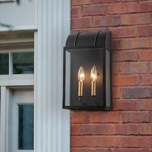 14.96 in. 2-Light Matte Black Rectangle Outdoor Hardwired Wall Lantern Sconce with Glass Shade