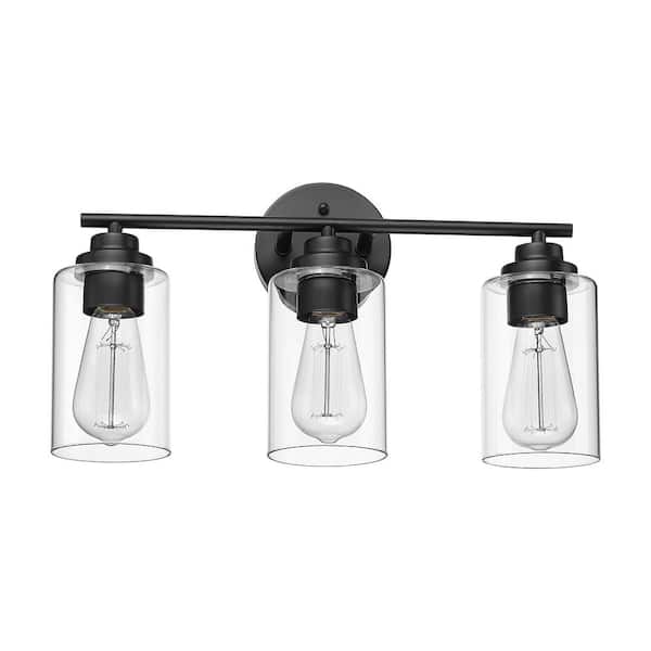 JAZAVA 18 in. 3-Light Black Vanity Light with Clear Glass Shade