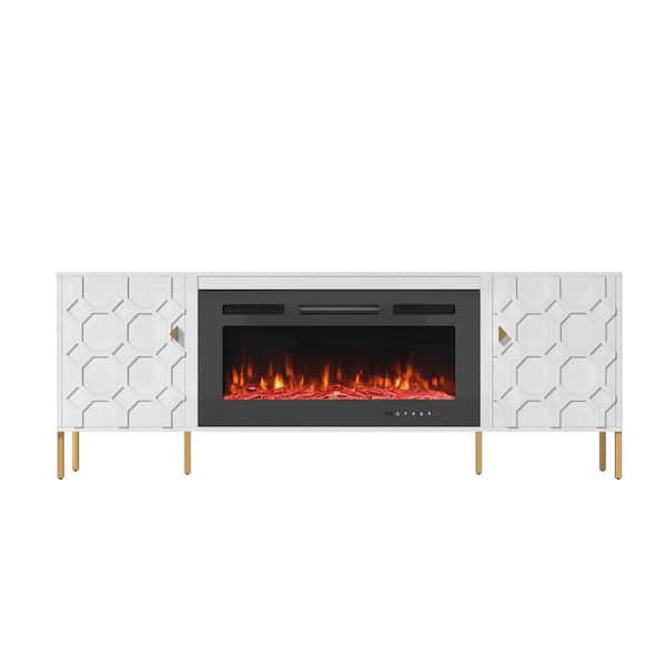 Clihome 70 in. W Adjustable Shelf White TV Stand with 2-Cabinets and Fireplace