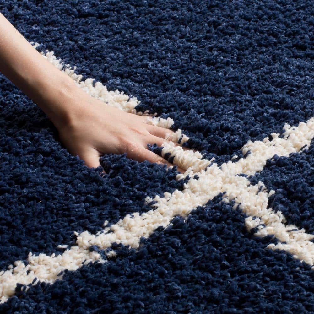 Navy and Ivory Diamond Shag Synthetic Area Rug 5'3" x 7'6"