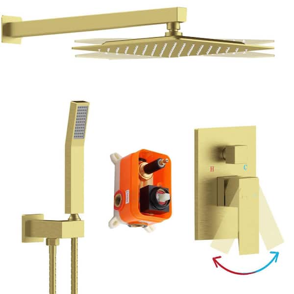 waterpar 1-Spray 10 in. Wall Mount Fixed and Handheld Dual Shower Head 2.5 GPM in Brushed Gold