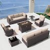 Halmuz 11-Piece Wicker Patio Conversation Set with 55000 BTU Gas Fire Pit Table Glass Coffee Table and Swivel Rocking Chairs (7+1+SRC)-Sand