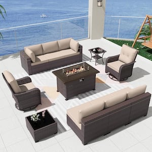 11-Piece Wicker Patio Conversation Set with 55000 BTU Gas Fire Pit Table Glass Coffee Table and Swivel Rocking Chairs