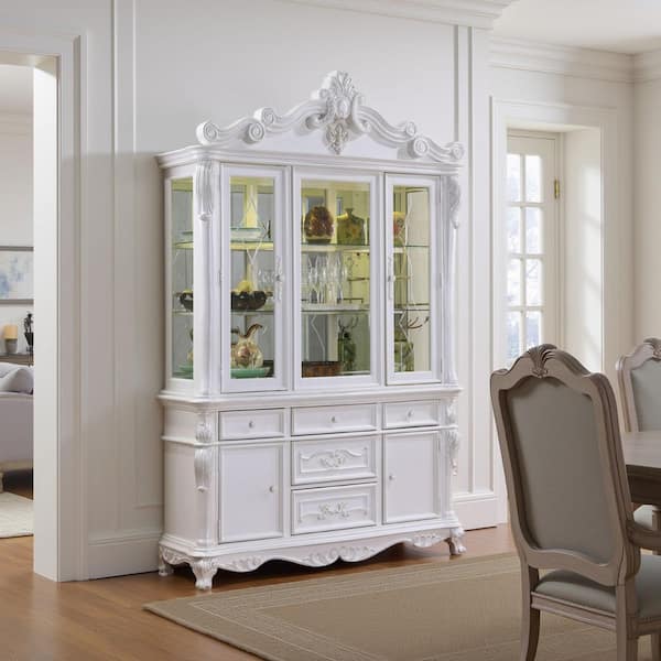 Zenie White Solid Wood 61.5 in. Classic Carved Detail Buffet Cabinet with Hutch