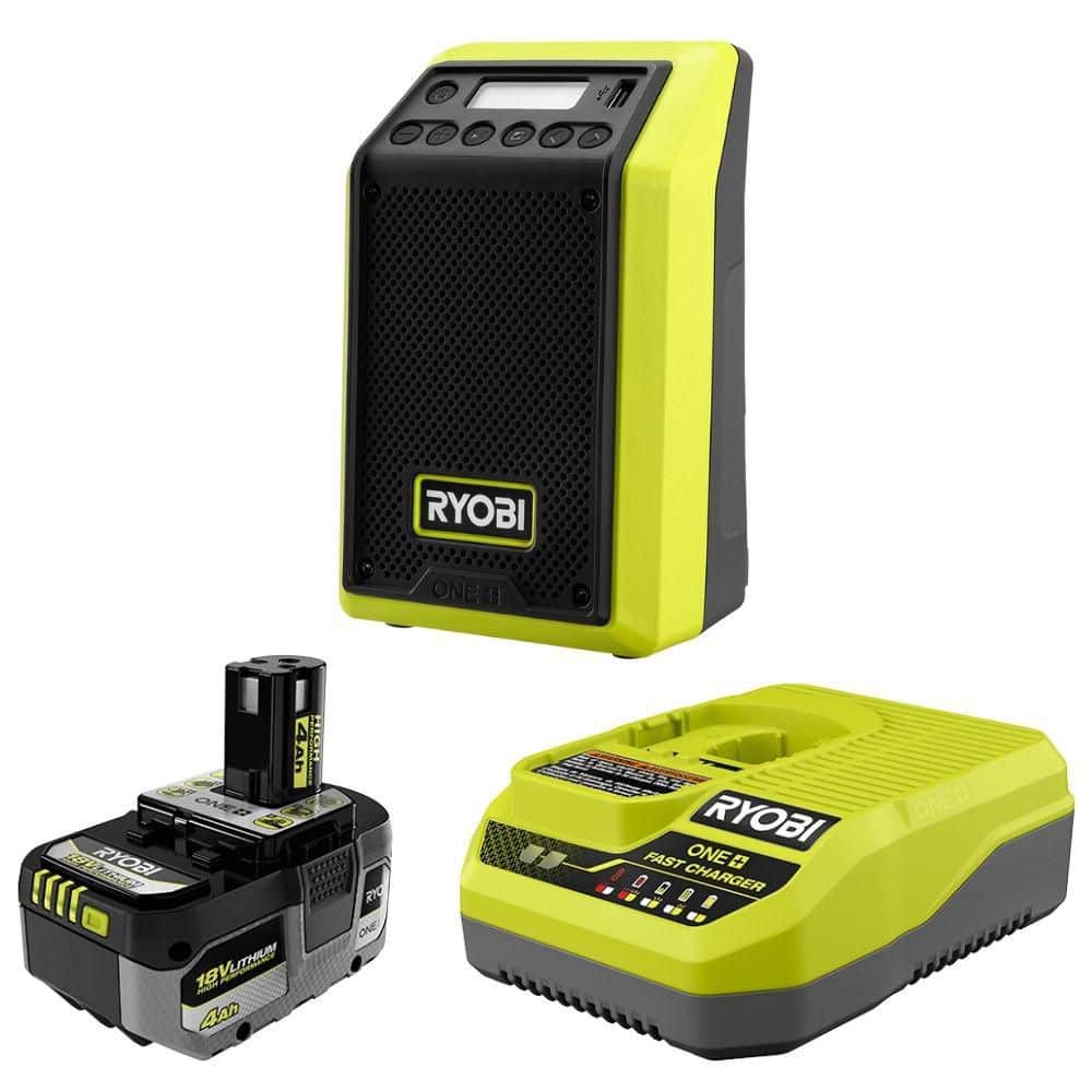 RYOBI ONE+ 18V Cordless Compact Radio with Bluetooth with ONE+ 18V HIGH PERFORMANCE 4.0 Ah Battery and Charger (PCL600PSK014)