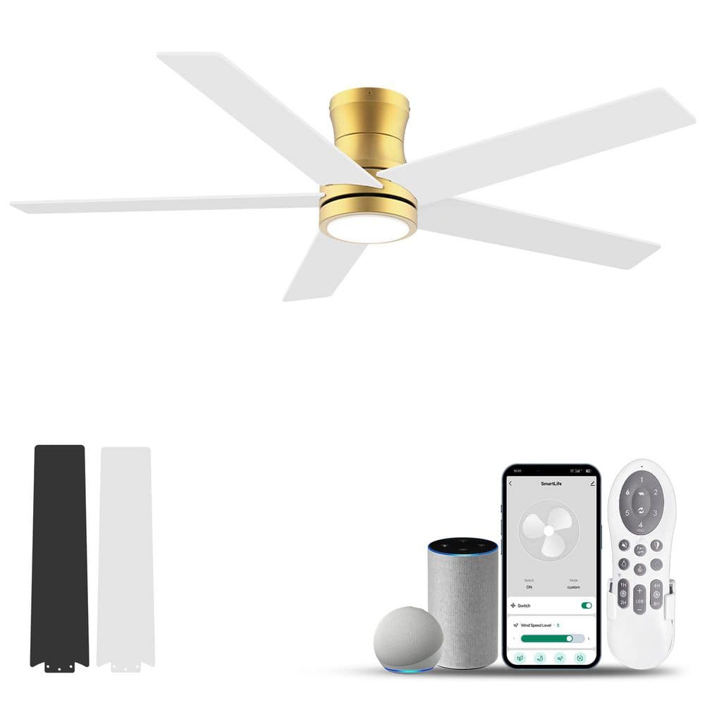 52 in. Smart Outdoor Indoor Gold Flush Mount Ceiling Fan with Lights Remote, Controll by Voice Alexa App, Quiet DC Motor