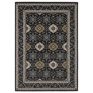 Victoria Navy/Gold 5 ft. x 8 ft. Oriental Panel Medallion Polyester Fringed-Edge Indoor Area Rug