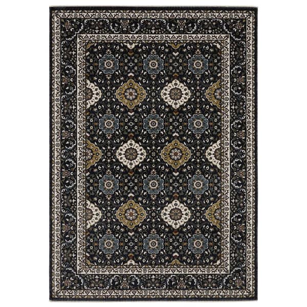 Victoria Navy/Gold 5 ft. x 8 ft. Oriental Panel Medallion Polyester Fringed-Edge Indoor Area Rug