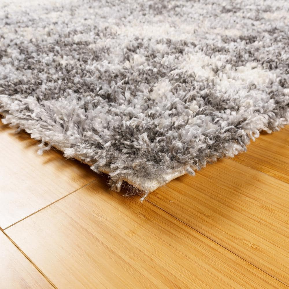 Gray and Off-White Abstract Shag Synthetic Area Rug, 8' x 10'