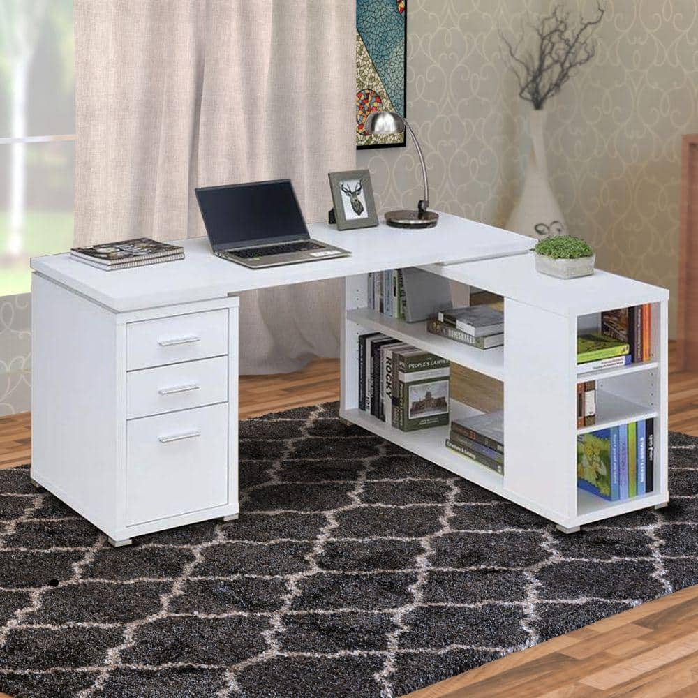 White L-Shaped Corner Computer Desk with Drawers and Filing Cabinet