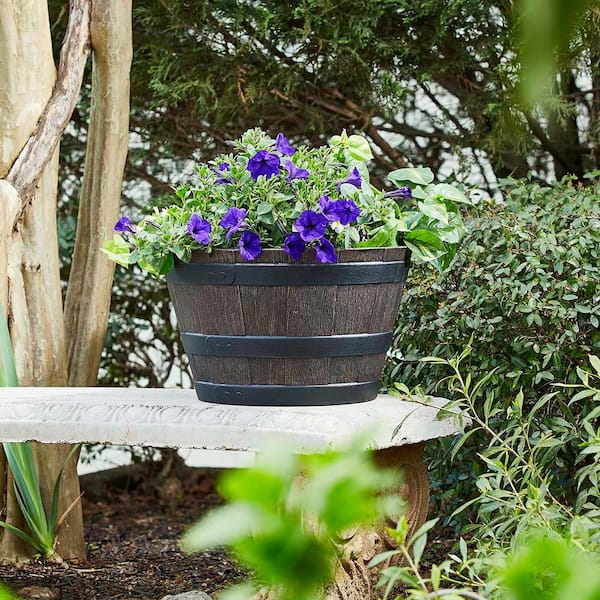 Resin Whiskey Barrel Planting Arrangements Indoor Outdoor Decor Flower 20 in 