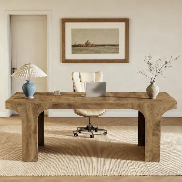 BYBLIGHT Moronia 70.9 in. Minimalist Computer Desk with Stable Sled Legs, Brown Wood Finish Writing Table Desk for Home Office